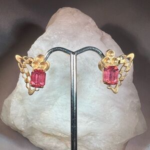 Vintage Art Deco Brass Gold Pink Paste Floral Screw Back Earrings - Emerald Cut